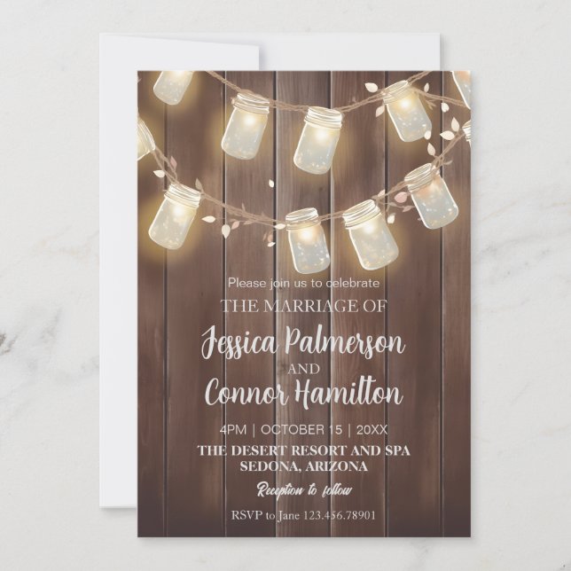 Invitation Rustique plat Mason Jar Éclairage Mariage en bois  (Devant)