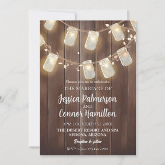 Invitation Rustique plat Mason Jar Éclairage Mariage en bois