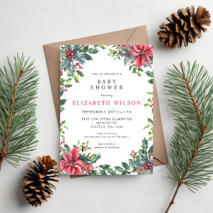 Invitation Rustique Poinsettias Holly Baby shower de Noël