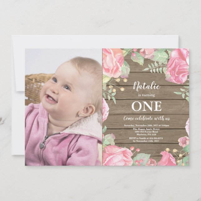 Invitation Rustique Premier anniversaire Floral ro (Devant)