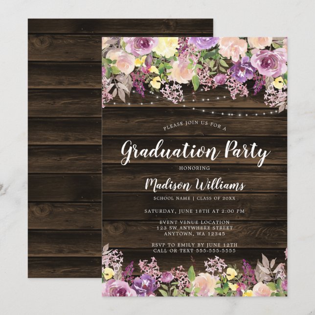 Invitation Rustique Purple Floral String Light Graduation Par (Devant / Derrière)