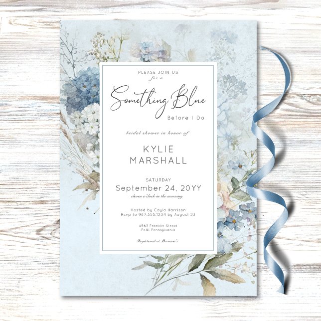 Invitation Rustique Quelque chose Bleu Blanc Floral Fête des  (Rustic Something Blue White Floral Bridal Shower Invitation)