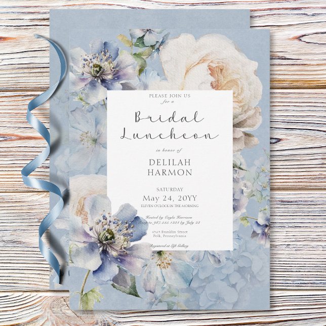 Invitation Rustique Romantique Bleu & Blanc Floral Déjeuner n (Rustic Romantic Blue & White Floral Bridal Lunch Invitation)