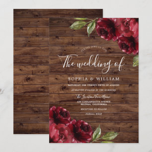Invitation Rustique romantique Bourgogne Rouge Rose Mariage