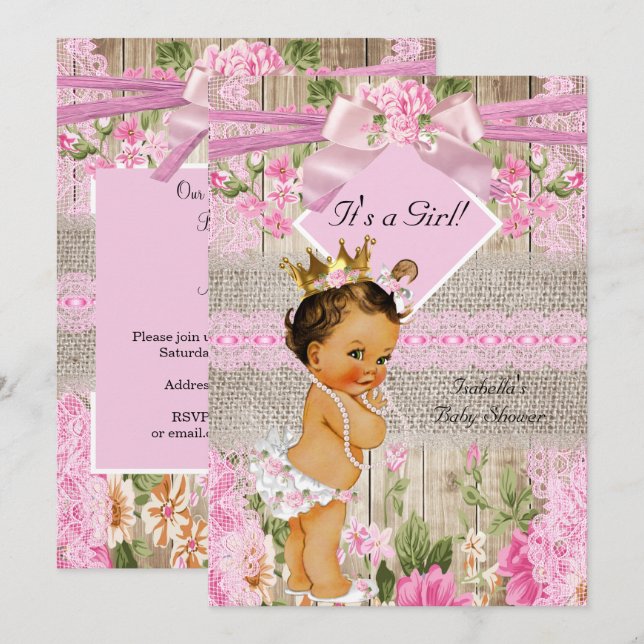 Invitation Rustique rose Burlap Fille Baby shower Brunette (Devant / Derrière)