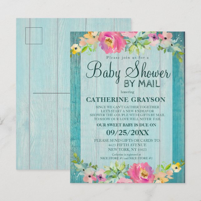 Invitation Rustique rose Floral & Baby shower Bois (Devant / Derrière)