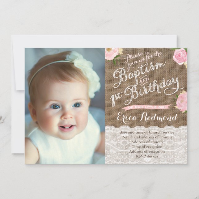 Invitation Rustique rose floral Baptême 1er anniversaire (Devant)
