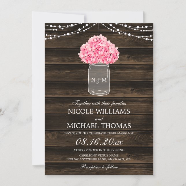 Invitation Rustique rose Hydrangea Mason Jar Mariage en bois  (Devant)