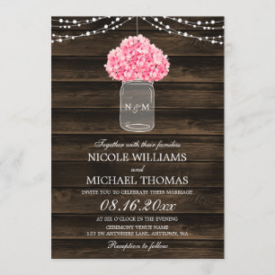 Invitation Rustique rose Hydrangea Mason Jar Mariage en bois