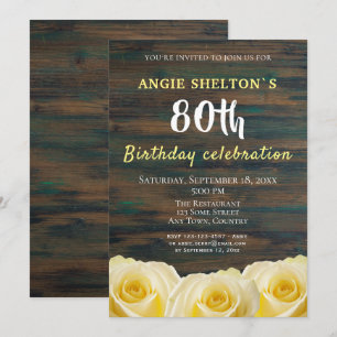 Invitation Rustique Rose jaune 80e anniversaire Fête florale