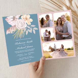 Invitation Rustique Rose Pâle Bleu Poussiéreux Code QR Floral