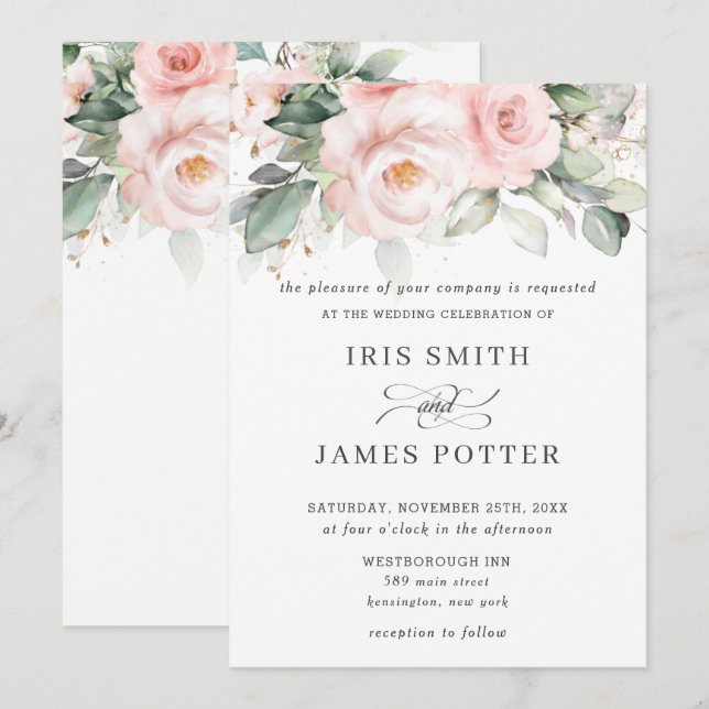 Invitation Rustique rose rose floral Rose Mariage de verdure (Devant / Derrière)