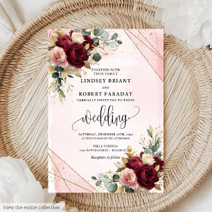 Invitation Rustique rouge foncé or Blush Rose Mariage floral