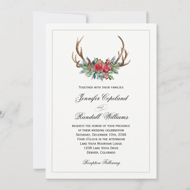 Invitation Rustique rouge hiver Mariage floral (Devant)
