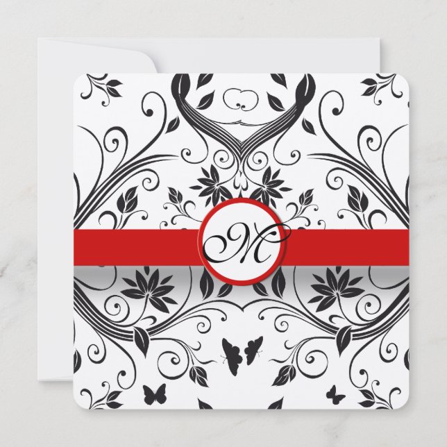 Invitation Rustique rouge romantique Damas Mariage papillon (Dos)