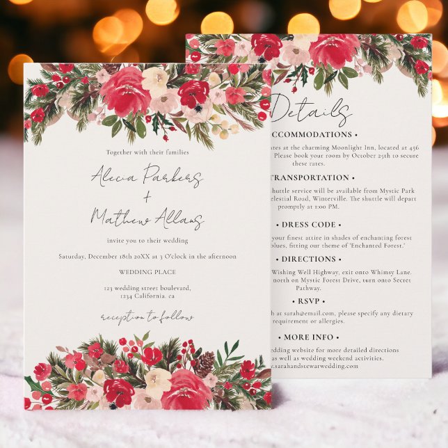 Invitation Rustique Rouge vert hiver Floral tout en un Mariag (Rustic Red green winter Floral all in one Wedding Invitation)
