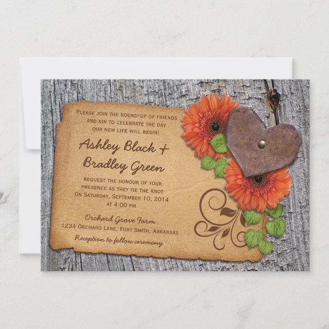 Invitation Rustique Rusty Heart Orange Daisy Mariage campagna (Devant)