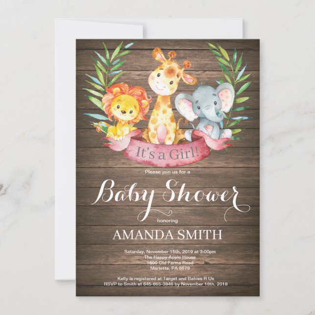 Invitation Rustique Safari Jungle Animaux Baby shower fille (Devant)
