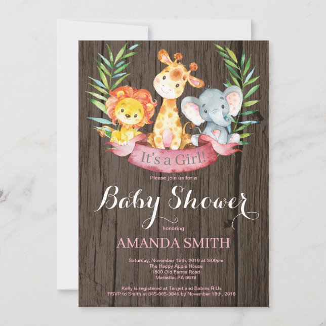 Invitation Rustique Safari Jungle Animaux Baby shower fille (Devant)