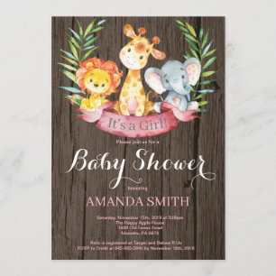 Invitation Rustique Safari Jungle Animaux Baby shower fille