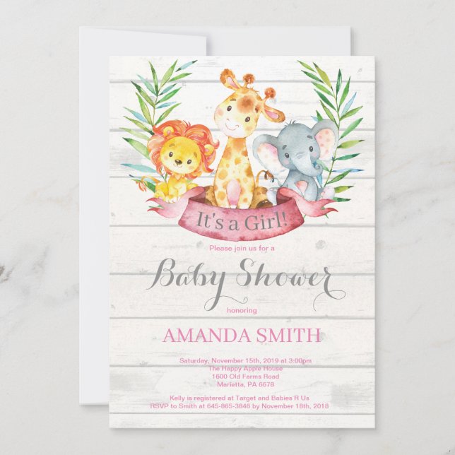 Invitation Rustique Safari Jungle Animaux Baby shower fille (Devant)