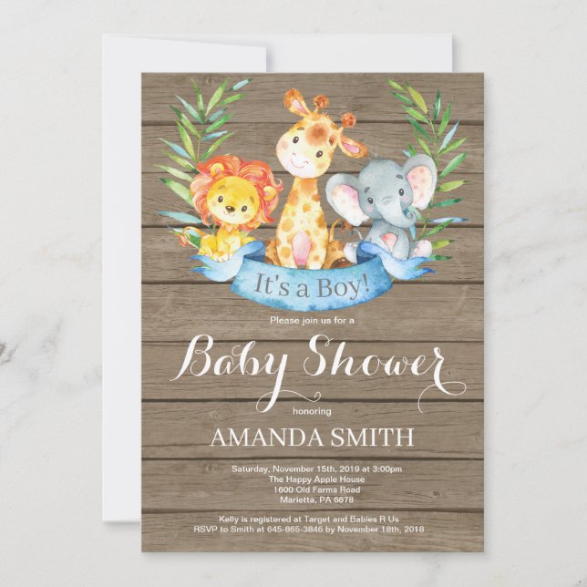 Invitation Rustique Safari Jungle Animaux Baby shower garçon (Devant)