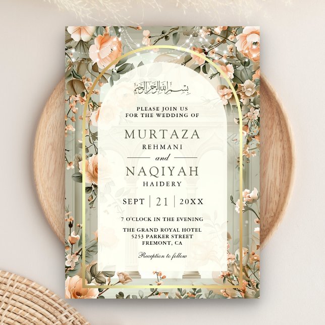 Invitation Rustique Sage Green Pêche Floral Mariage musulman (Front)