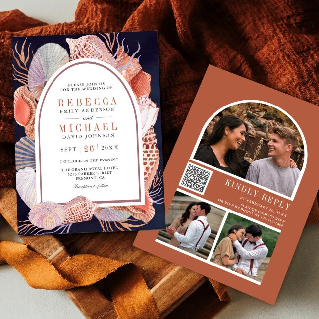 Invitation Rustique Seashell Nautique Marine bleu QR Code Mar (Créateur téléchargé)