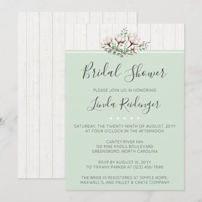 Invitation Rustique Southern Cotton Bridal Douche (Devant / Derrière)