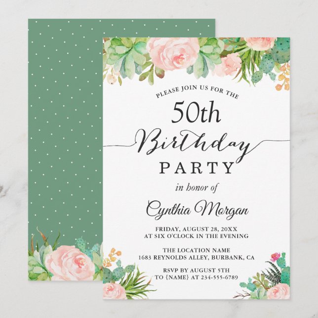 Invitation Rustique Succulent Cactus Floral 50e fête d'annive (Devant / Derrière)