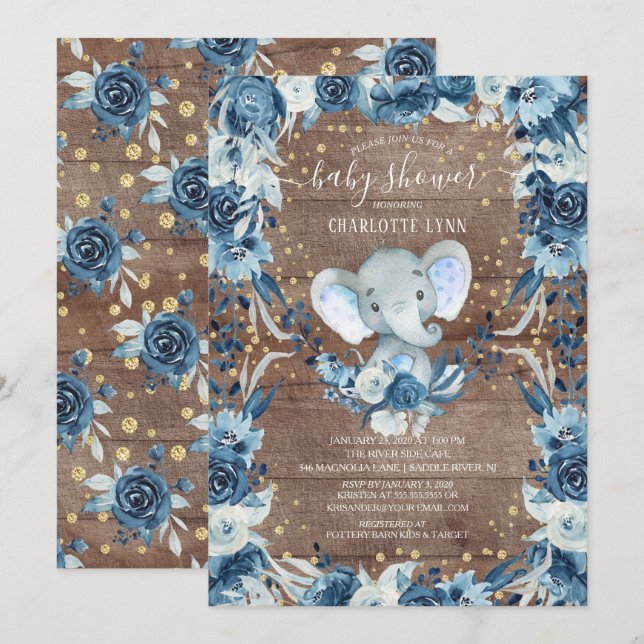 Invitation Rustique Sweet Baby Boy Elephant Baby shower (Devant / Derrière)