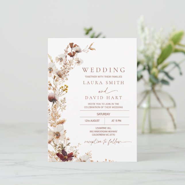 Invitation Rustique Terracotta Automne Fleur sauvage Mariage (Debout devant)