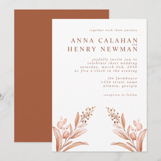 Invitation Rustique Terracotta Botanique Floral Mariage (Devant / Derrière)