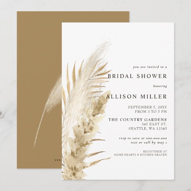 Invitation Rustique Terre Neutre Boho Pampas Fête des mariées (Devant / Derrière)