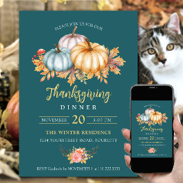 Invitation Rustique Thanksgiving citrouilles floraux turquois