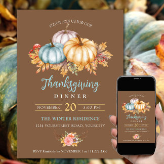 Invitation Rustique Thanksgiving floral citrouille brun bleu