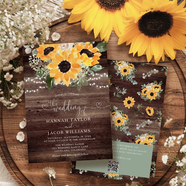 Invitation Rustique Tournesol Grange Bois QR Code Mariage (Créateur téléchargé)