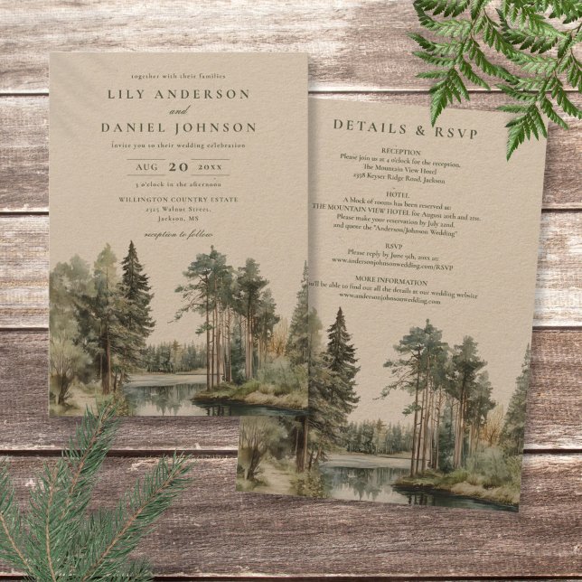 Invitation Rustique Tout en un Mariage de forêt de lac d'aqua (Rustic All In One Watercolor Lake Forest Wedding Invitation)