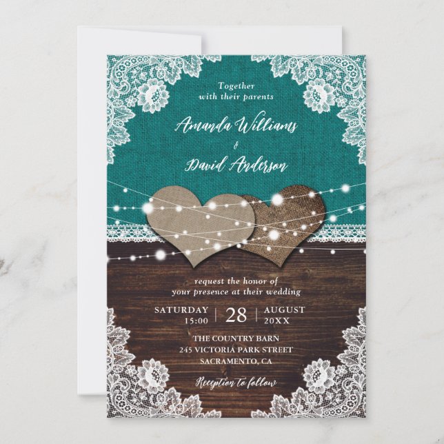Invitation Rustique Turquoise Burlap dentelle lumière Mariage (Devant)