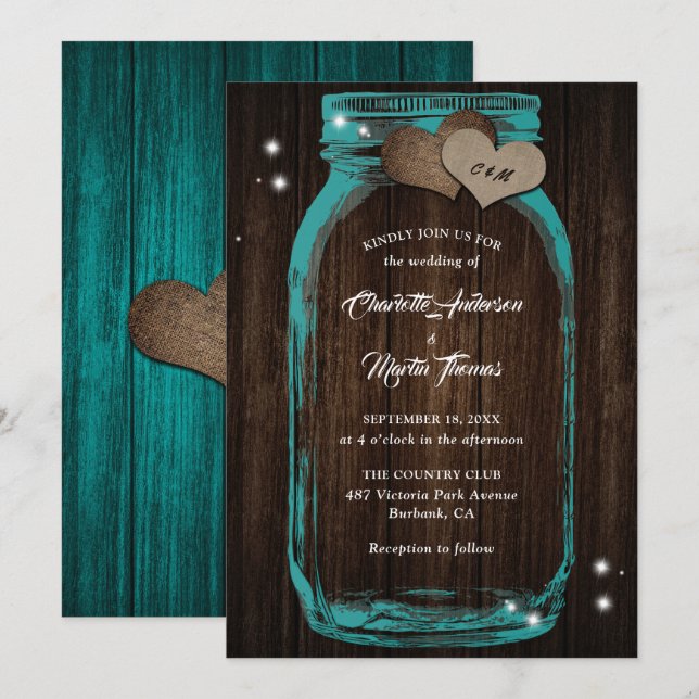 Invitation Rustique Turquoise Burlap Heart Mason Jar Mariage (Devant / Derrière)