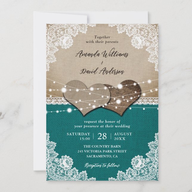 Invitation Rustique Turquoise Burlap Lace Mariage (Devant)