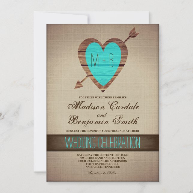Invitation Rustique Turquoise flèche Mariage campagnard Invit (Devant)