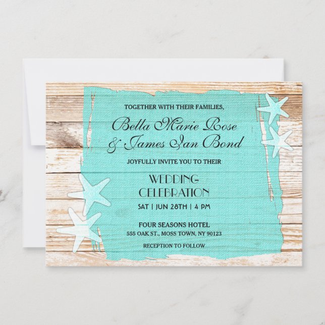 Invitation Rustique Turquoise Starfish Seashell Mariage Invit (Devant)