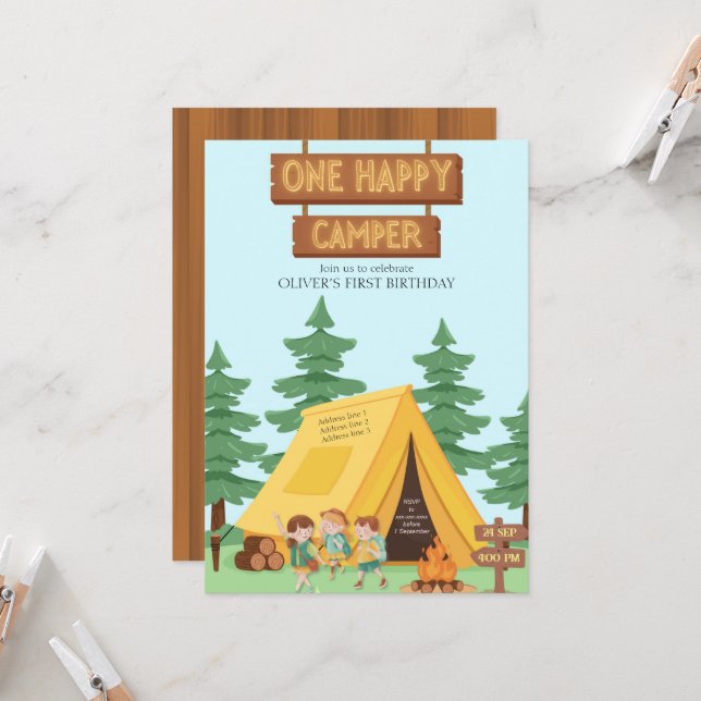 Invitation Rustique un heureux camper premier anniversaire (Devant/Arrière en situation)