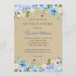 Invitation Rustique Vintage bleu Floral Quinceanera Invitatio