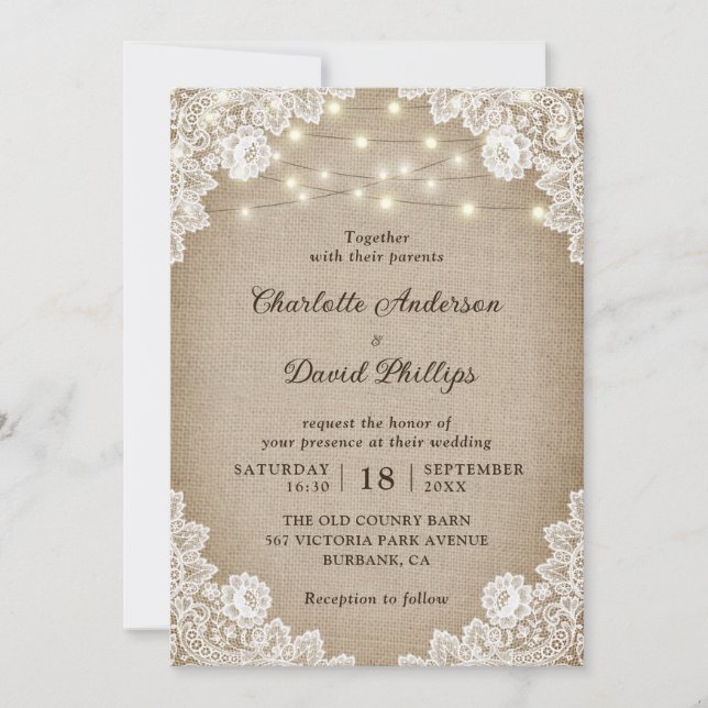 Invitation Rustique Vintage Burlap Lace Mariage (Devant)
