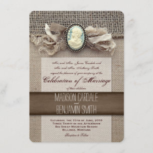Invitation Rustique Vintage Cameo Broch Burlap Wedding Invite