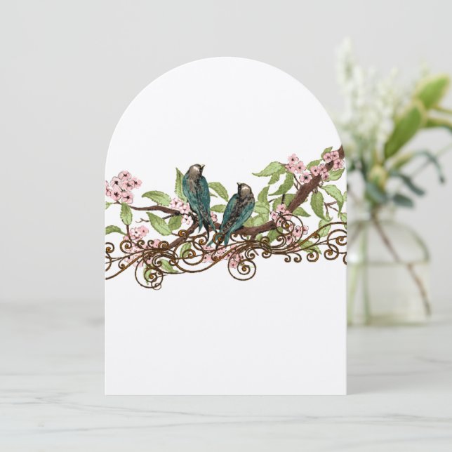 Invitation Rustique Vintage Turquoise Oiseau rose Fleur Maria (Debout devant)