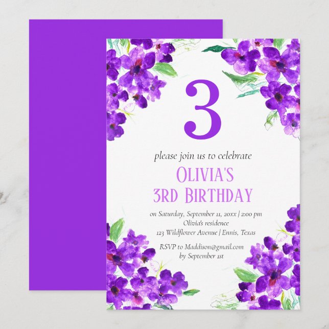 Invitation Rustique Violet 3e anniversaire violet Floral viol (Devant / Derrière)