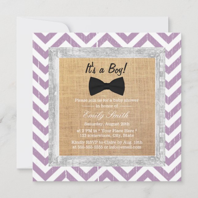 Invitation Rustique violet Chevron Bow Cravate Baby shower ga (Devant)